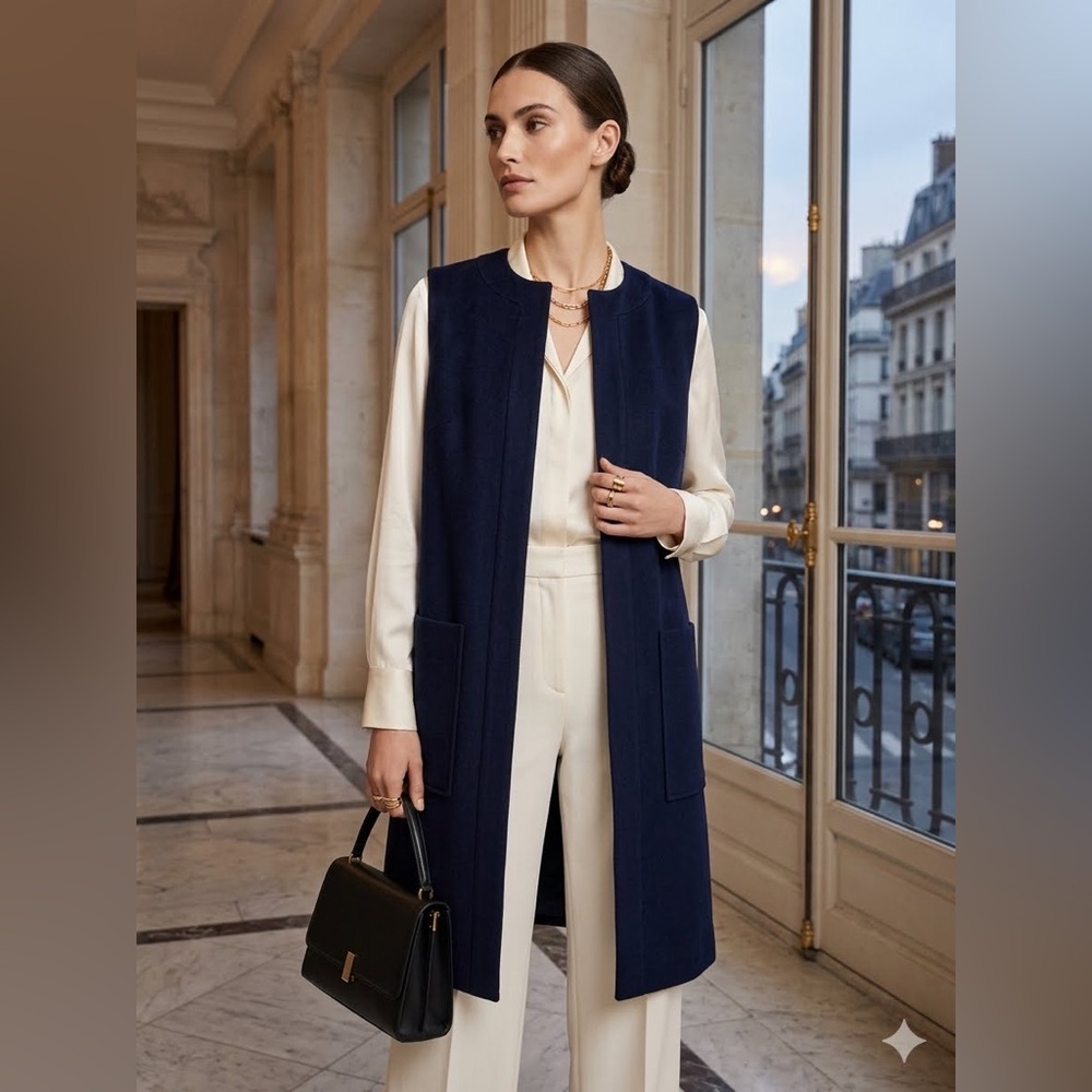 Navy blue wool Sleeveless Long Vest jacket Pockets minimalist chic business sz M